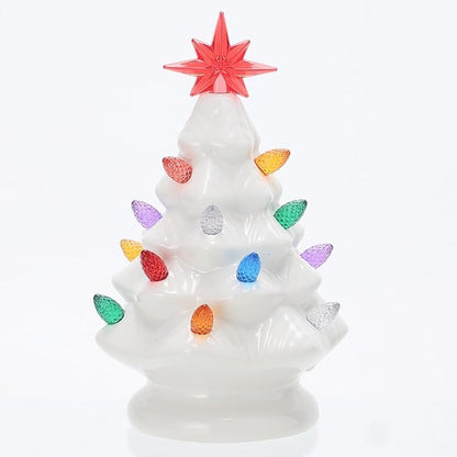 B SEPOR Ceramic Christmas Tree, 7 inch, LED Light Up, White Pre-Lit Tabletop Holiday Decoration