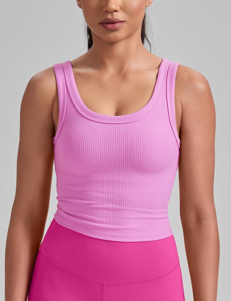 HeyNuts Ribbed Longline Sports Bras for Women, U Back Wireless Medium Impact Workout Athletic Basic Gym Yoga Crop Tank Tops Padded with Built in Bras Dahlia Mauve S