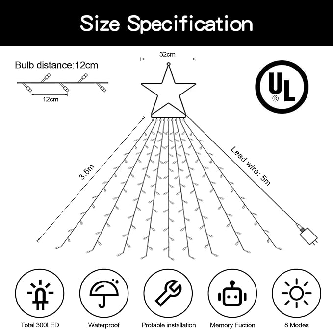 Christmas String Lights Outdoor Decoration 317 LED Star Fairy String Lights 11 Modes & Waterproof for Party Wedding Patio Yard New Year Holiday Indoor Outdoor - Cool White + Multi-Colored