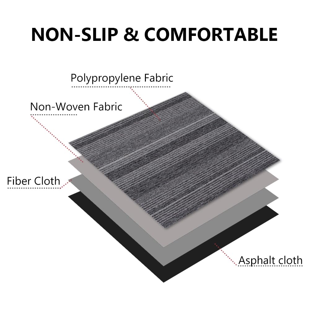 SUWUYUE Commercial Carpet Tiles 24"x 24" Reusable Squares, 18 Tiles 72 Sqft Non-Slip Gray Stripe Pattern Loop Pile Seamless DIY Flooring for Office Business Residential Spaces