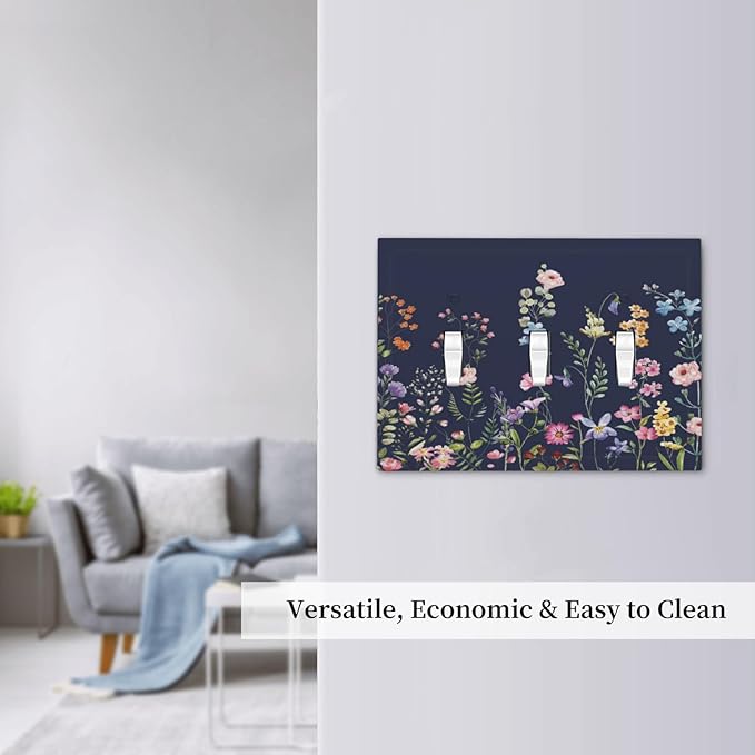 Rustic Wild Floral Darkground Vintage Watercolor Flower 3 Gang Light Switch Covers Decorative Unique Triple Toggle Wall Plate Electrical Faceplate Switchplate for Bathroom Decor