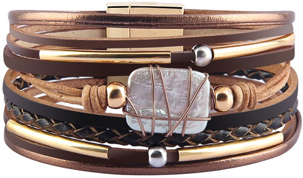 Fesciory Leather Wrap Bracelets for Women, Boho Leopard Multi-Layer Crystal Beads Cuff Bracelet Jewelry (Brown Leather(Pearl))