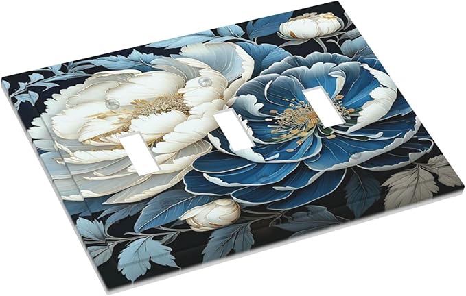 White Blue Flower Peonies Light Switch Covers 3 Gang Triple Toggle Wall Plate Decorative Switchplate Electrical Faceplate for Farmhouse Living Decor