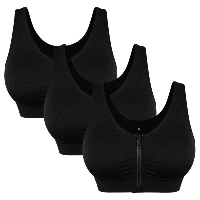 Women's Wireless Sports Bras with Zipper Closure - Comfortable Padded Post Surgery & Recovery Bras - 3 Pack