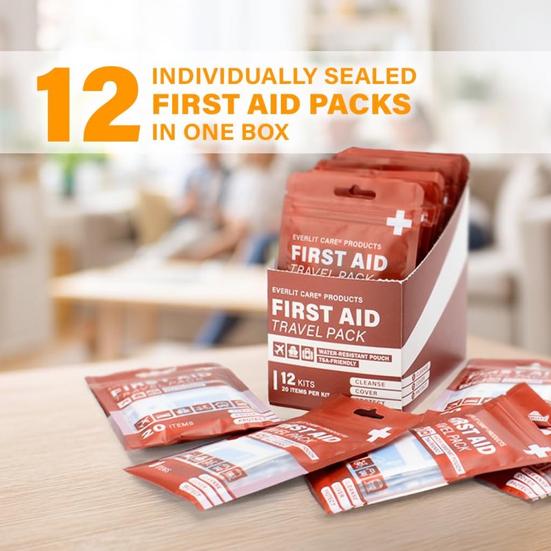 EVERLIT CARE Travel Bandage Pack | 12 Individual Packets, Bulk Portable Mini First Aid Kit with 20 On-the-Go Essentials | Compact Water-Resistant Reusable Pouch to Clean, Cover & Protect