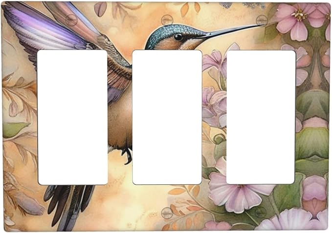Decorative Art Light Switch Covers Blossom & Hummingbird 3 Gang Triple Rocker Outlet Switch plate GFCI Faceplate GFCI for Home Decor