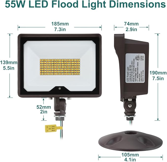 kadision 55W LED Flood Light with Dusk-to-Dawn Photocell, 3000K/4000K/5000K Selectable, 120V 6600lm IP65 Waterproof Knuckle Mount Outdoor Security Lights, ETL Listed, 2-Pack