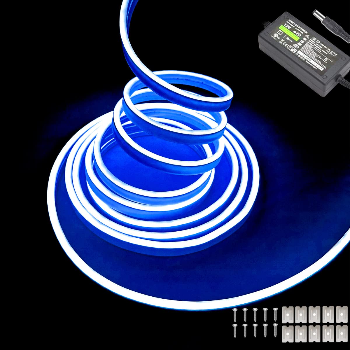 Maxlaxer Blue Neon LED Strip Lights, 16.4ft 12V Waterproof Flexible Light for Indoor/Outdoor Decoration (Includes Power Adapter)