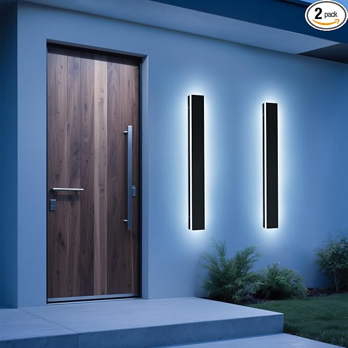 Upgrade Widened 2 Pack Long Outdoor Wall Lighting Fixture, 57inch Modern LED Wall Sconce, 3 Color 3000K/4500K/6000K, 50W, IP65 Waterproof, Black Exterior Light Fixture for Patio, Garden, Garage
