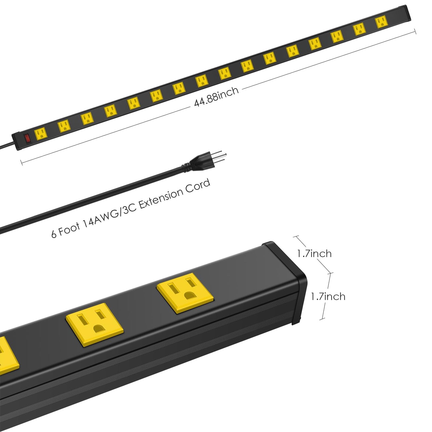 JUNNUJ Long Metal 16 Outlet Wide Spaced Garage Industrial Heavy Duty Power Strip with 6 FT Cord 15A, 125V, 1875W. Yellow