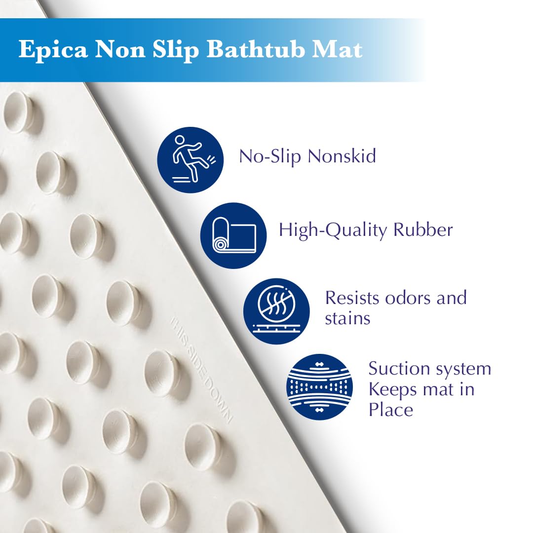 Epica Non Slip Bathtub Mat | Real Rubber Bath Mat for Tub, Shower, Baby Safety, Kids, Pet Dog, Soft No-Slip Nonskid, 16” x 28