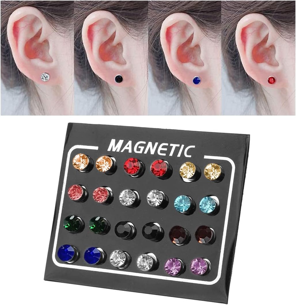 LIUJZZJ 12 Pairs Crystal Rhinestone Magnetic Clip Non Piercing Fake Earrings Fashion Jewelry（Multi-Color）