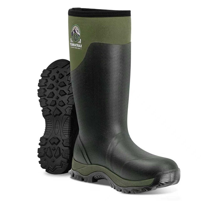 TerraTrax Men's Waterproof Insulated Rubber Hunting Boots – 6mm Neoprene Rain Boots for Outdoor Work, Fishing, Farming & Gardening Green Size 12