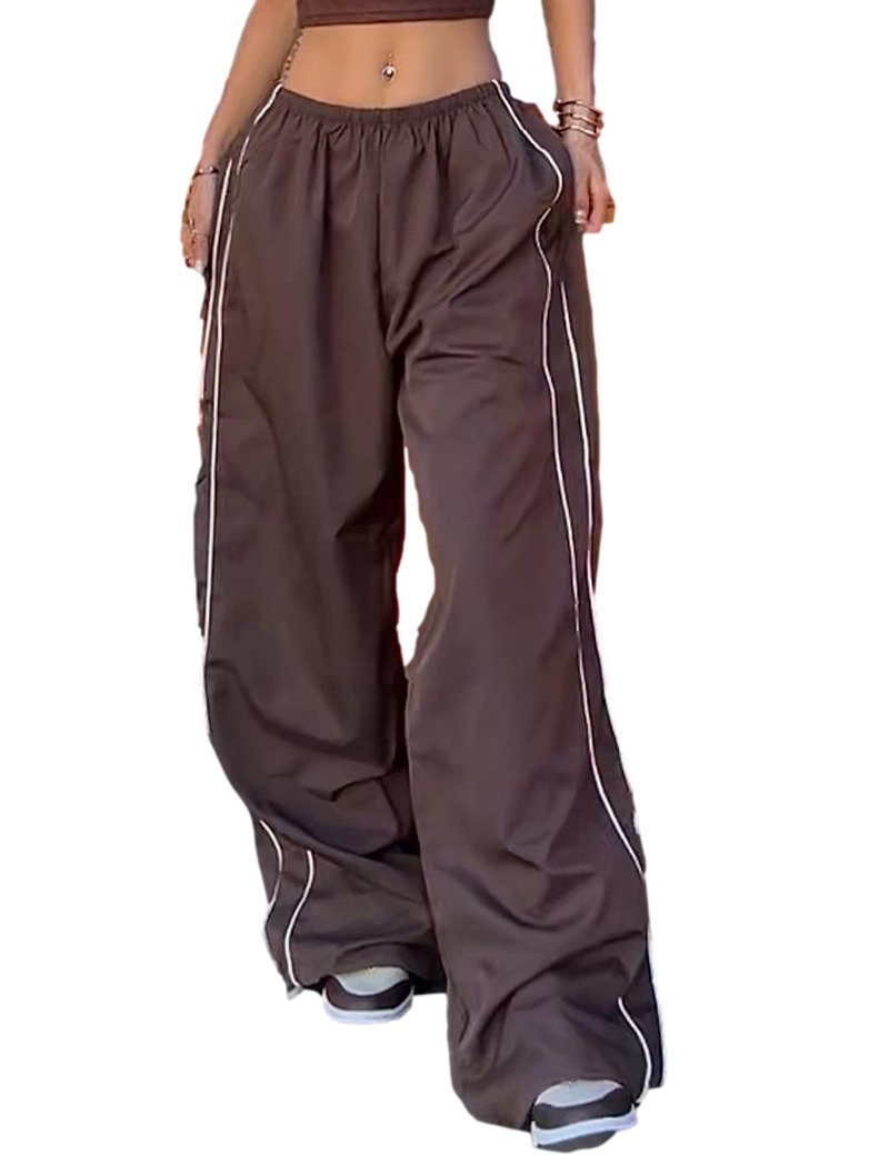 Shebote Womens Parachute Pants Wide Leg Baggy Y2K Elastic Waist Jogger Sweatpants Track Pants Streetwear(0046-Coffee-M)