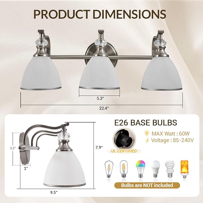 ANDY STAR Bathroom Light Fixture, 3-Light Bathroom Vanity Light Brushed Nickel, Vintage Wall Sconce with Hand-Painted Frosted Lampshade, Wall Lamp in Silver Finish for Bedroom, Living Room, Restroom
