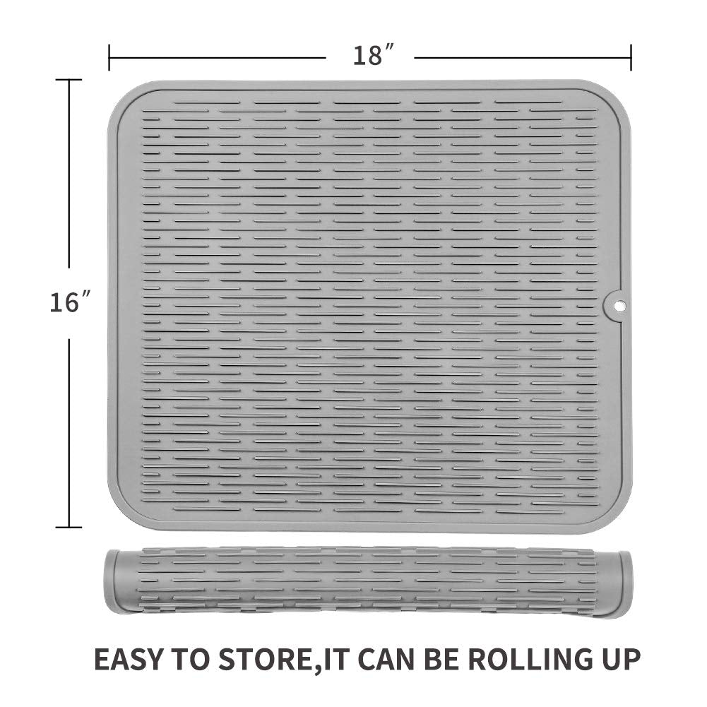 MicoYang Silicone Dish Drying Mat for Multiple Usage,Easy clean,Eco-friendly,Heat-resistant Silicone Mat for Kitchen Counter or Sink,Refrigerator or Drawer Liner Grey XL 18 inches x 16 inches