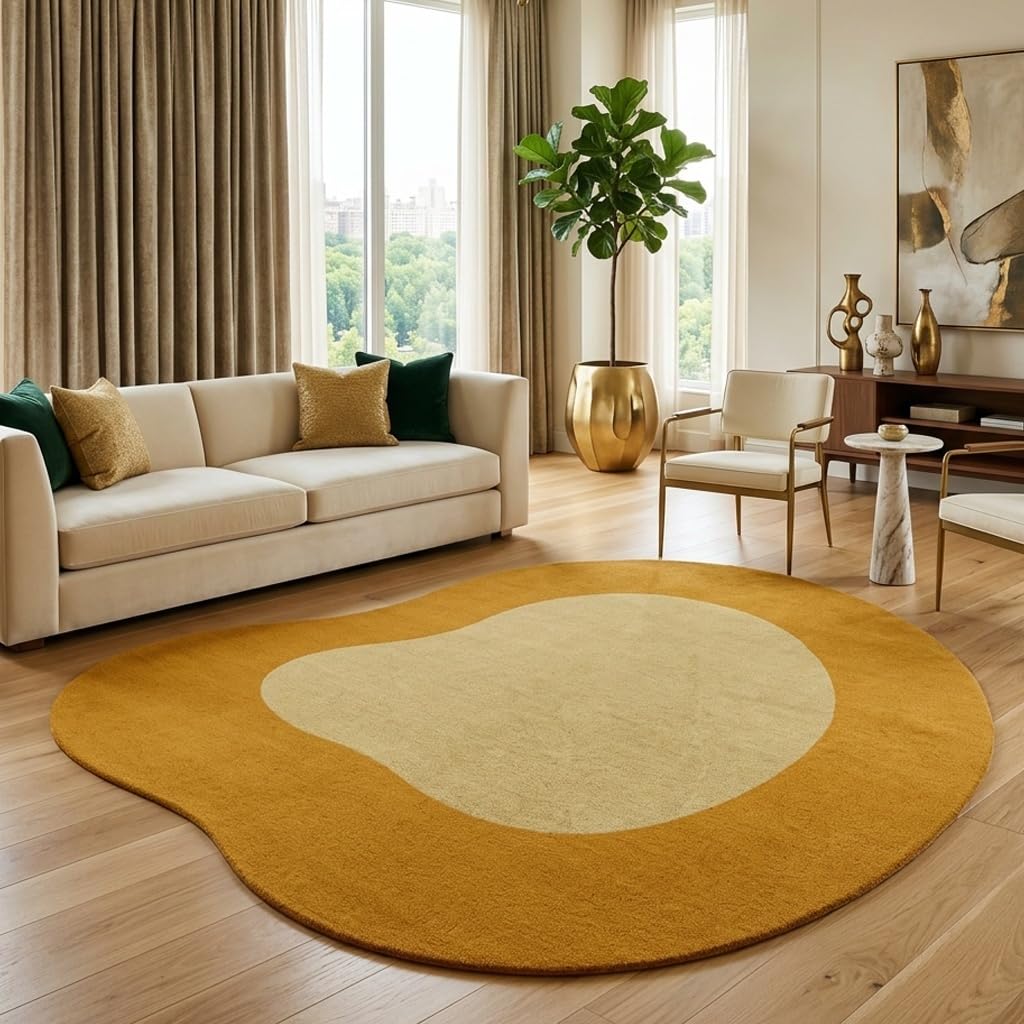 Mustard Yellow Beige Modern Abstract Irregular Area Rug 6ft Unique Design Irregular Shaped Rugs for Living Room Bedroom Playroom Pet Friendly Carpet Boho Under Dining Table Non Slip Easy Clean Mats