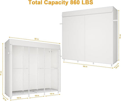 ULIFHOME E14C Heavy Duty Closet Organizer System，Freestanding Clothing Racks for Hanging Clothes，Adjustable Garment Rack 58" W × 16" D × 77" H Hold 860 lbs，White Rack with White Cover