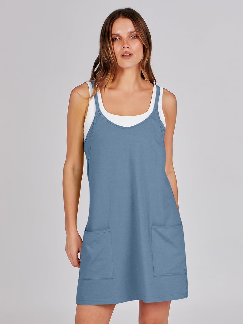 ANRABESS Women Athletic Dress Summer Tennis Workout Active Sports Mini Romper Dress Built in Shorts Travel Vacation Clothes Blue Small