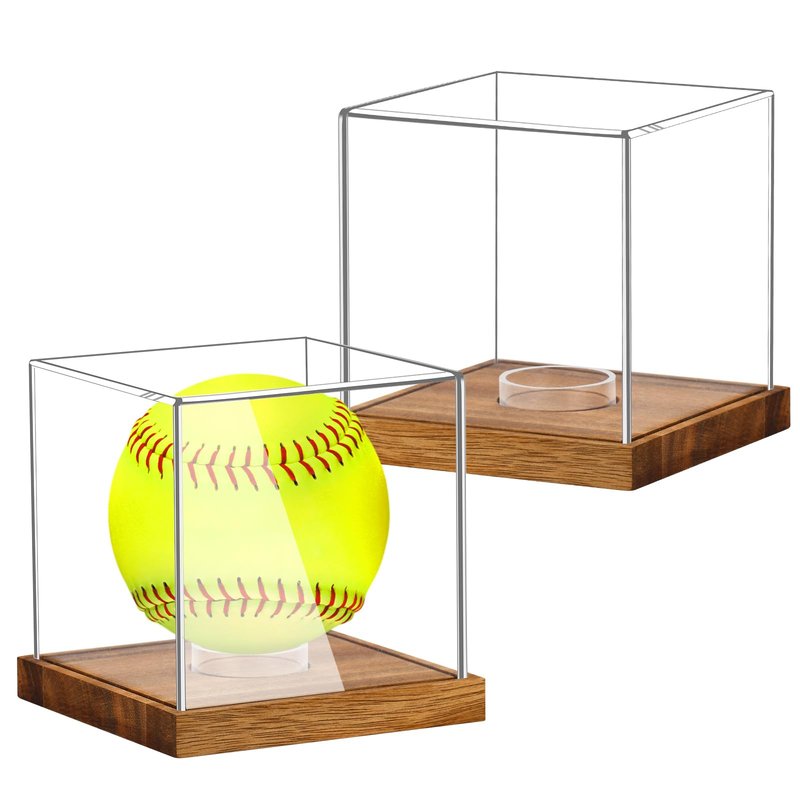 2 Pack Clear Acrylic Softball Display Case with Wood Base, Memorabilia Stand Cube Holder, Dust Protection Transparent Storage Box for Single Ball Souvenir Softball Collections