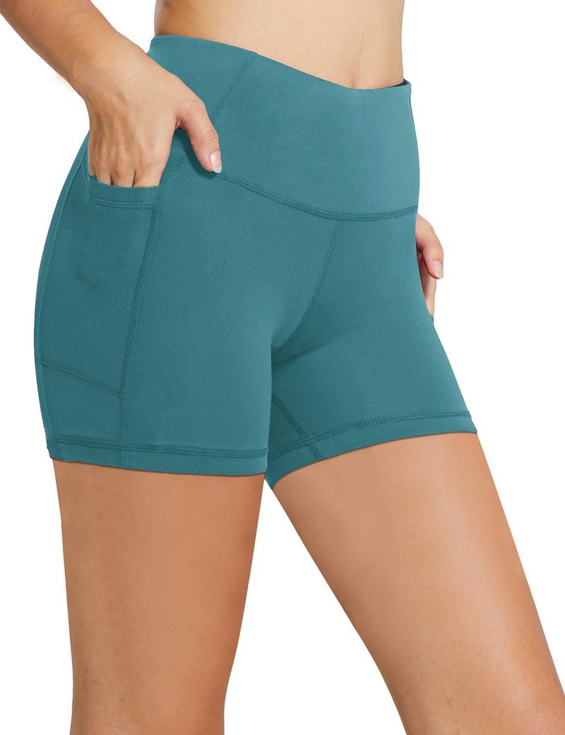 baleaf Biker Shorts Women Yoga Gym Workout Spandex Running Volleyball Tummy Control Compression with Pockets 5" Green XXXL