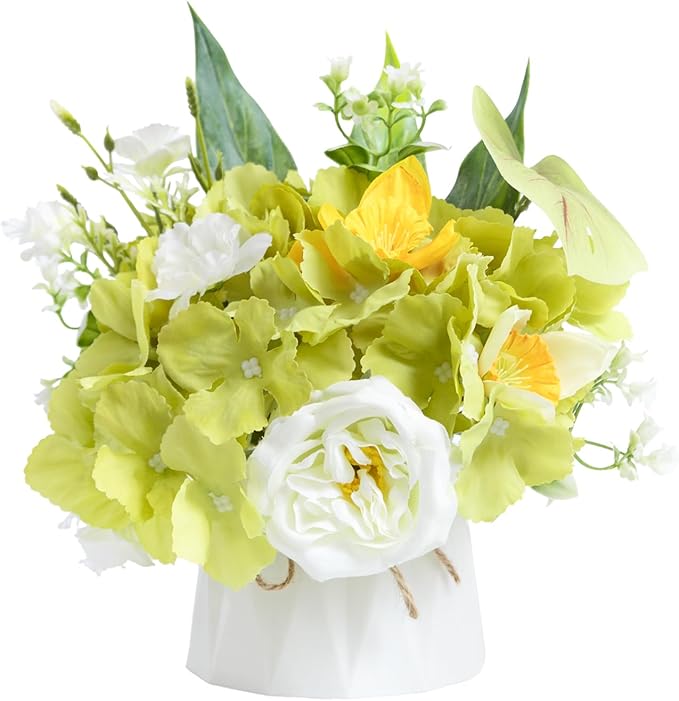 WELL KNOWN Small Fake Flowers in Plastic Vase 7" Centerpieces Coffee Table Decor, Green White Silk Flower Arrangements for Home Decor Indoor Artificial Flower Bouquet for Dining Room Kitchen Wedding