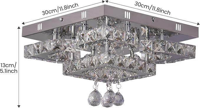 CXGLEAMING 11.8" Modern Crystal Chandelier LED Ceiling Light Fixture Suitable for Kitchen Corridor Hallway Bedroom Bathroom Dining Room 4 Petals/Raindrop Ball Square Wall Switch （Warm Light）
