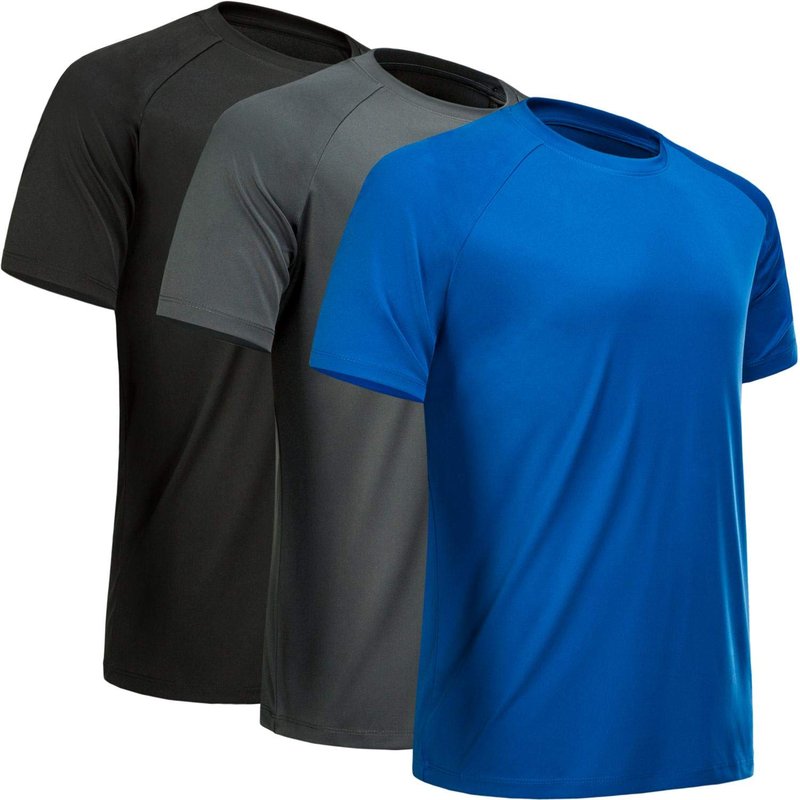 MCPORO Workout Shirts for Men Short Sleeve Quick Dry Athletic Gym Active T Shirt Moisture Wicking 3 Pack Black, Dark Grey, Blue Large