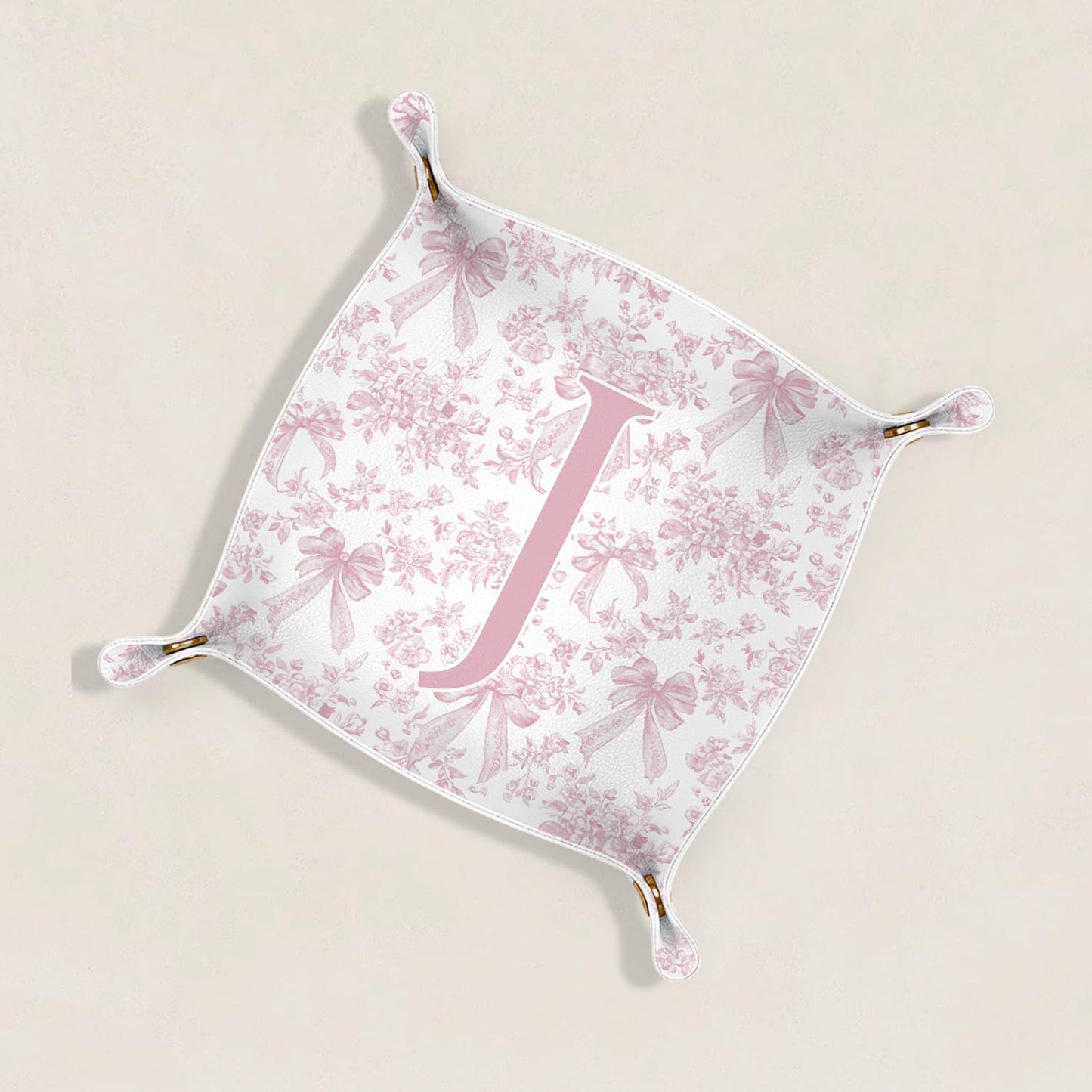 Dilemat Gifts for Women Initial Valet Tray,Pink Bow Personalized Gifts for Women Mom Grandma Girlfriend,Nightstand Desk Accessories PU Leather Tray Organizer for Birthday Christmas Gift Ideas (J)