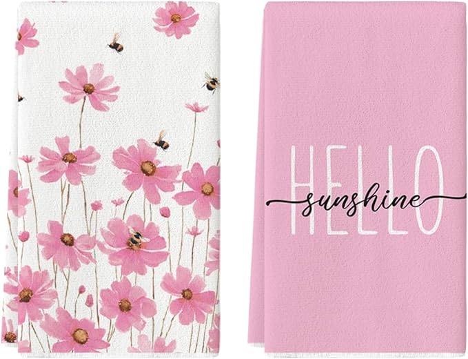 Artoid Mode Pink Flowers Bee Hello Sunshine Spring Kitchen Towels Dish Towels