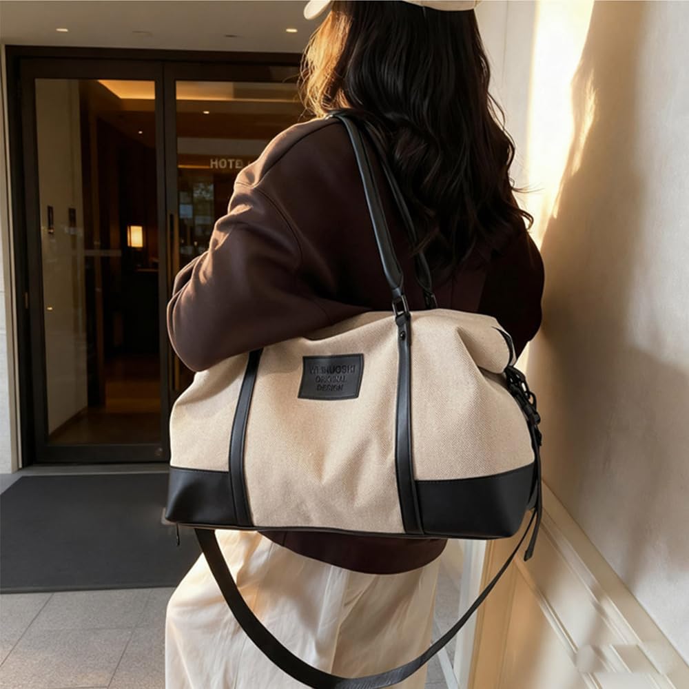 Travel Duffle Bag for Women, Canvas Carry On Weekender Overnight Bags with Wet Pocket, Gym Tote Bag for Business Trip Sports (Beige Black)