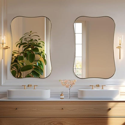 ANDY STAR 24x36 Inch Brushed Brass Scalloped Mirror, Modern Gold Bathroom Mirrors with Unique Notched Edges Design in 1 Inch Stainless Steel Frame Wall Mounted Horizontal/Vertical for Home Decor