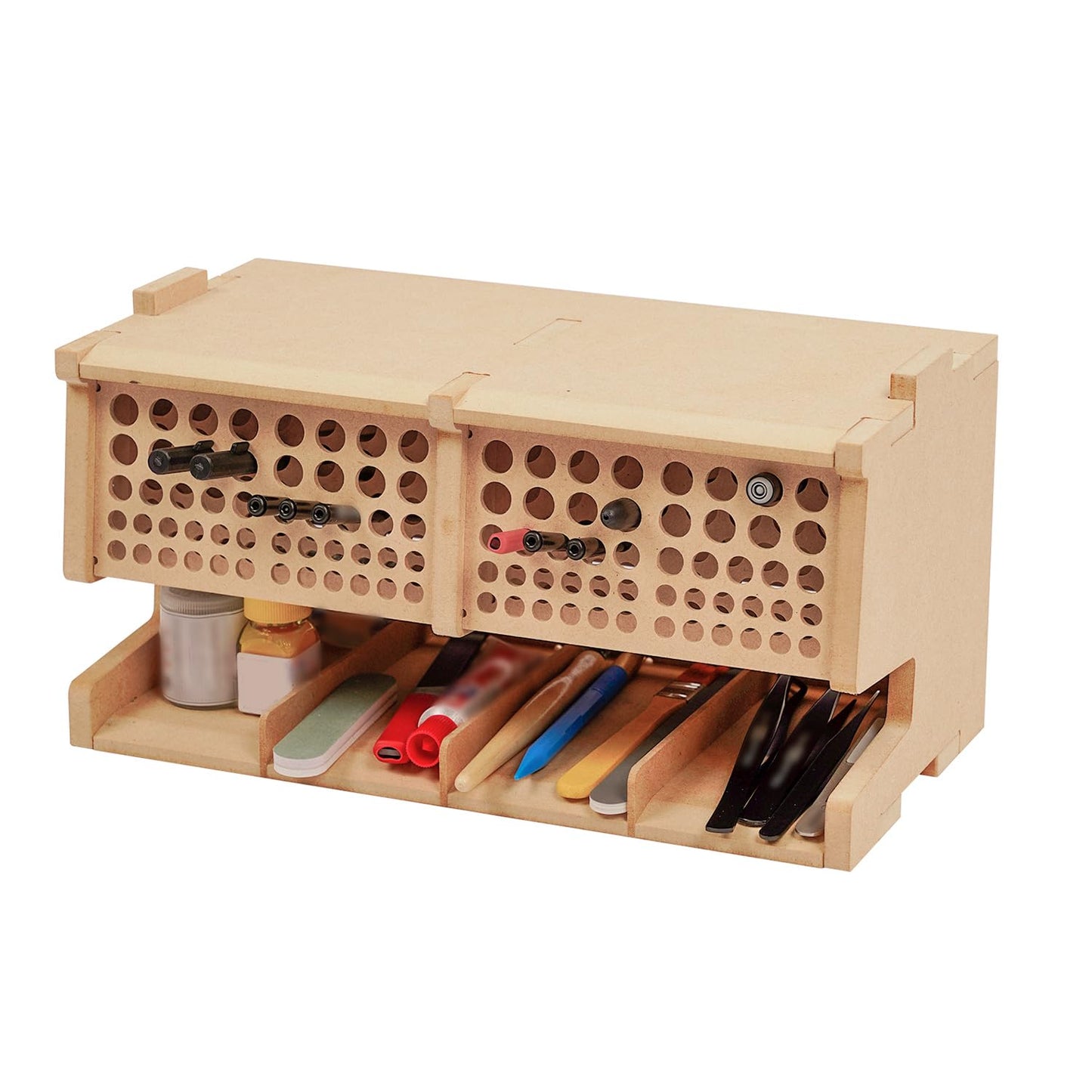 Bucasso Wooden Model Kit Tool Storage Rack with 100 Holes, Brush/Paint Organizer with MDF Material, Craft Supplies Storage, Brush/Tool Holder, Suitable for Tamiya/Gundam Tools, GK6