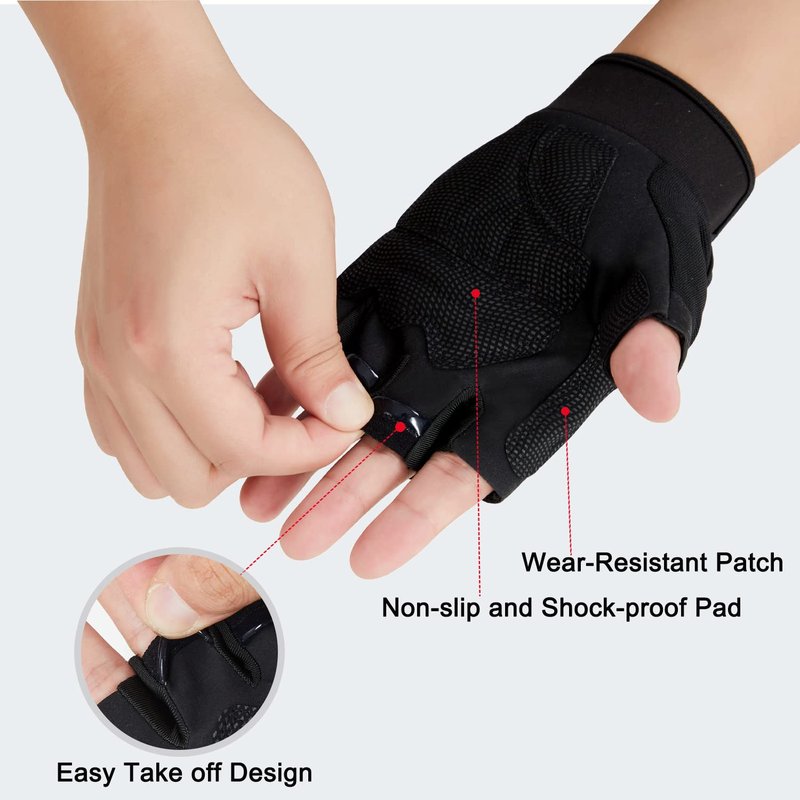 FIORETTO Fingerless Gloves for Men, Breathable Grip Palm Gloves for Motorcycle Riding, Driving, Cycling, Exercise, Workout, Climbing, Hiking and Outdoor Activities Black Medium