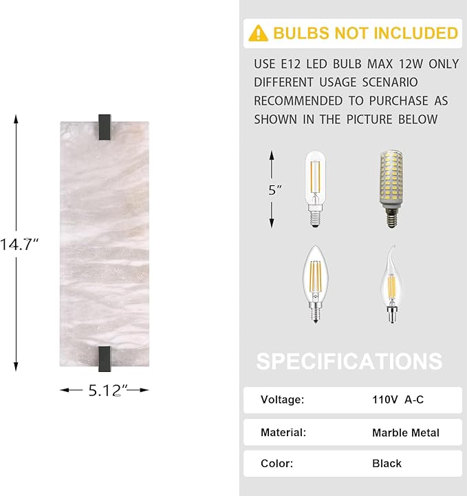 2 Pack 2 Light Square 14.7" Alabaster Marble Bathroom Wall Sconce Modern Concise Style Wall Light Fixture,Dark Gray Finish for Bedroom Hallway Bedside