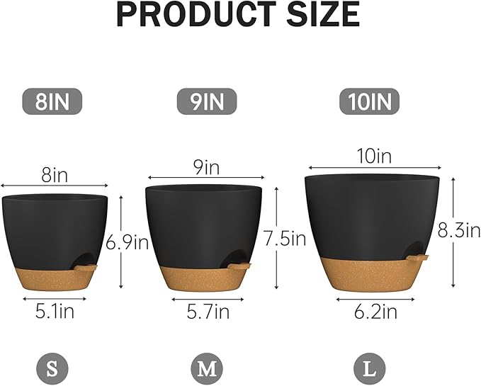 ZMTECH 8/9/10 Inch Self Watering Plant Pots with Watering Lip, Planters with Drainage Holes and Removable Saucer, Plastic Flower Pots for Indoor Outdoor Plants (3 Pack,Black)