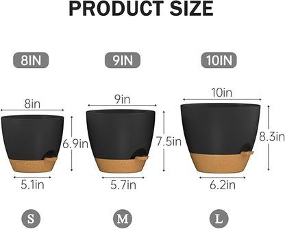 ZMTECH 8/9/10 Inch Self Watering Plant Pots with Watering Lip, Planters with Drainage Holes and Removable Saucer, Plastic Flower Pots for Indoor Outdoor Plants (3 Pack,Black)
