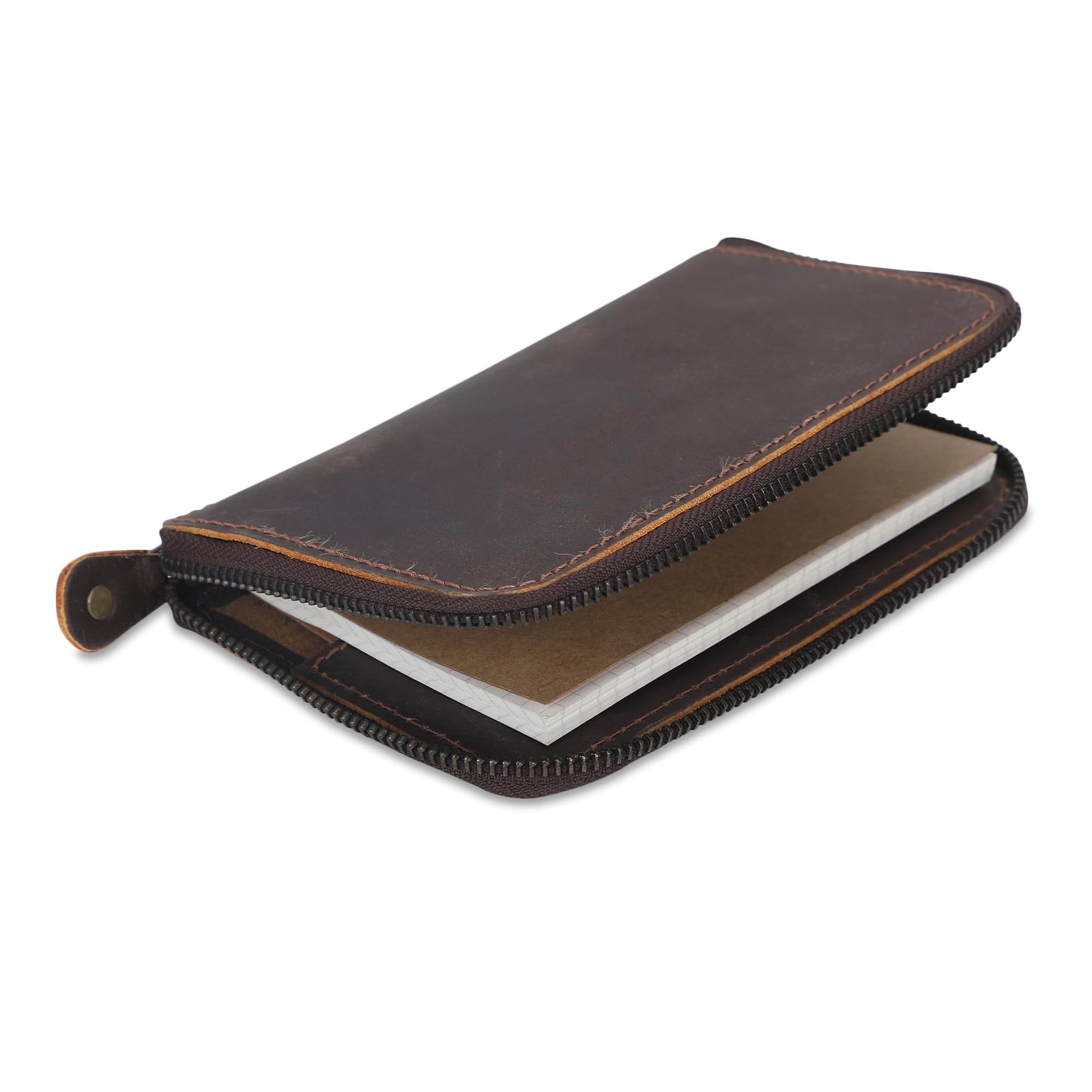 CestAntiQ Zippered Leather Journal Cover Compatible with Moleskine Cahier TWONE Original Kraft Elan Pitch Black Pocket Size 3.5 x 5.5 for Field Notes Notebook Memo Books with Pen Holder Handmade Brown