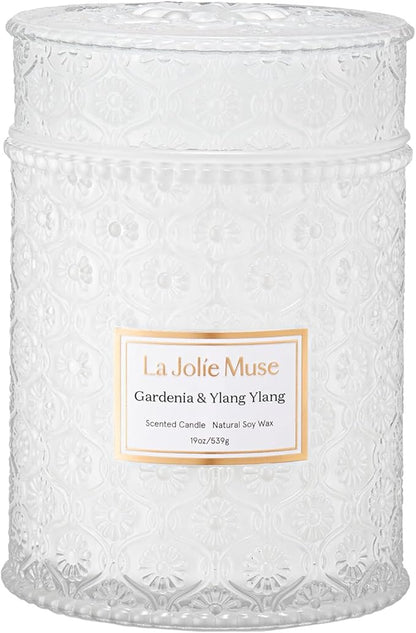 LA JOLIE MUSE Gardenia & Ylang Ylang Scented Candle – Ylang, Tuberose, Orange Blossom |19 oz Large Wooden Wick Candle | Natural Soy Wax | 90 Hours Clean Burn | Gift-Ready for Hosts