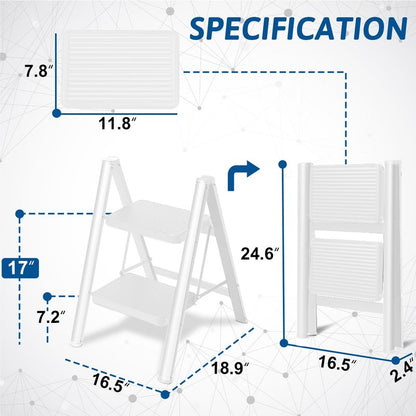 Double Elite Step Ladder 2 Step Folding, Sturdy 330 Lbs Load Step Stool for Adults, Safer Full Steel Kitchen Closet Ladder for Home, Multi-use Small Step Stool Ladder with Anti-Slip Wide Pedals, White