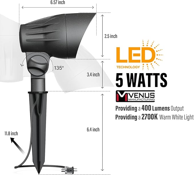 VENUS MANUFACTURING 4 Pack Low Voltage Landscape Flood Light 5Watt LED Outdoor Landscape Lighting Kits 400 Lumen Black Waterproof Spotlights 12V 2700K Warm White Metal Tree Lights for Garden & Yard