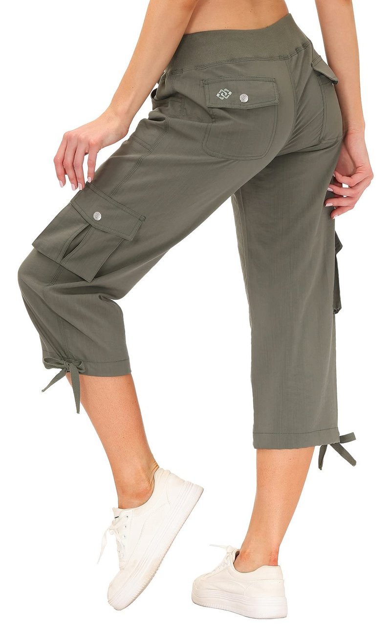 MoFiz Women's Cargo Capris Hiking Pants Lightweight Quick Dry Running Outdoor Casual Shorts Button Pockets UPF 50+ Army Green S