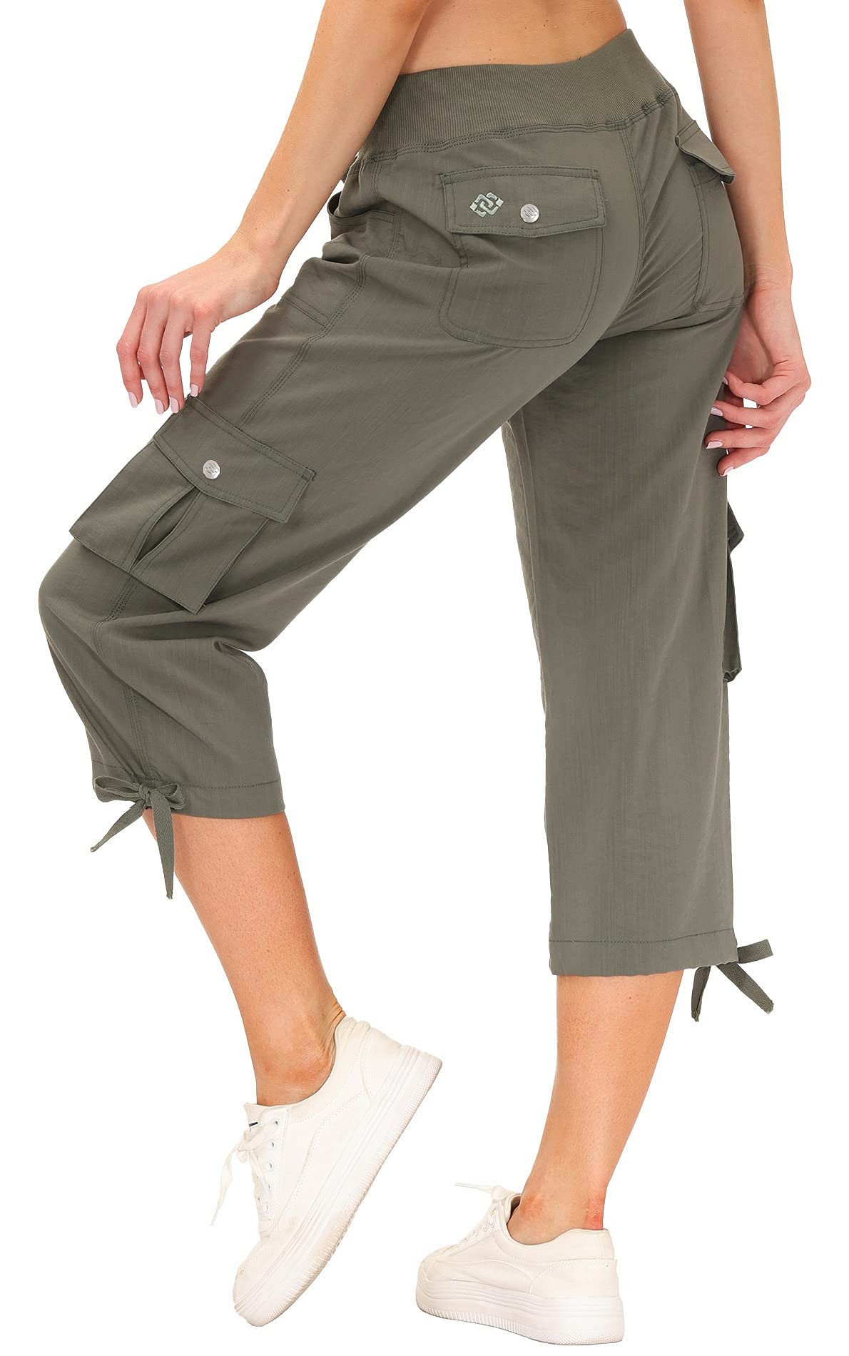 MoFiz Women's Cargo Capris Hiking Pants Lightweight Quick Dry Running Outdoor Casual Shorts Button Pockets UPF 50+ Army Green 2XL