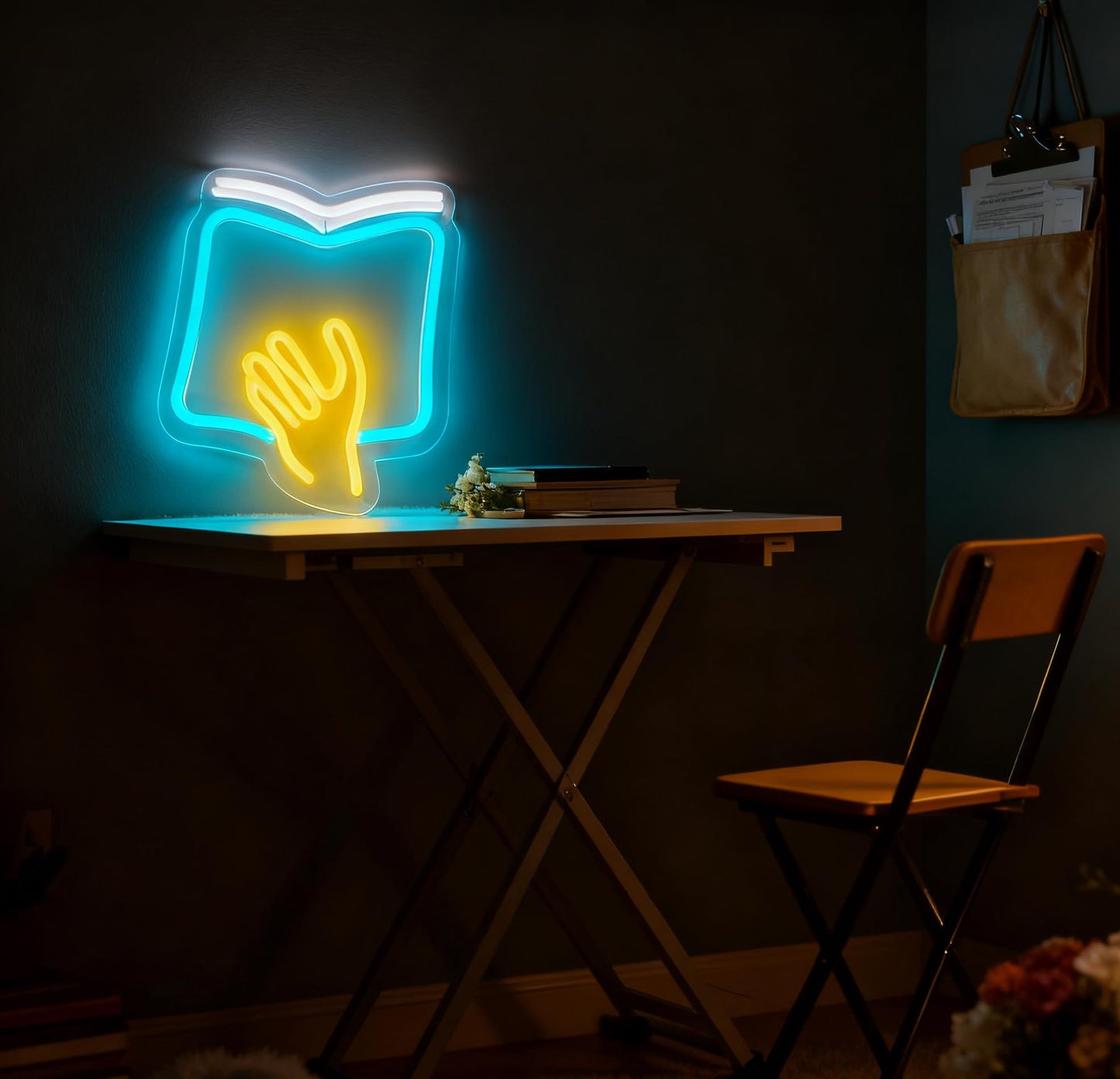 Reading Theme LED Neon Sign, Book with Hand Shape Neon Light, Library Study Room Home Bedroom Wall Table Decor, USB Powered Dimmable Decorative Light 9.8 x 8.5 In