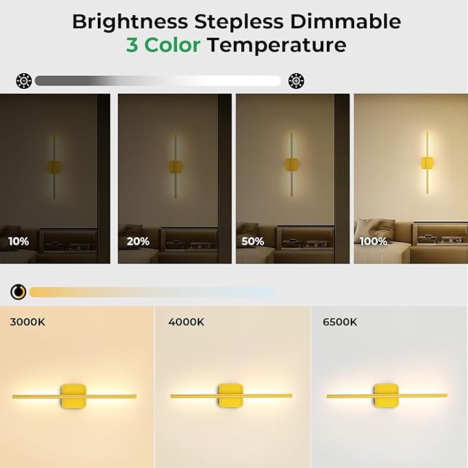 1 Pack 10000mAh Detachable Battery Operated Wall Sconce, 360°Rotate Wireless Wall Light,3000-6500K Dimmable, Rechargeable Wall Lamp for Bedroom, Living Room, 28.3 Inch Gold
