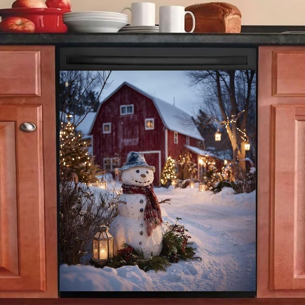 Farm Red Barn Dishwasher Magnet Cover, Winter Snowman Magnetic Dishwasher Cover, Farmhouse Front Dishwasher Decal, Christmas Kitchen Decoration, 23"x 26" Magnetic