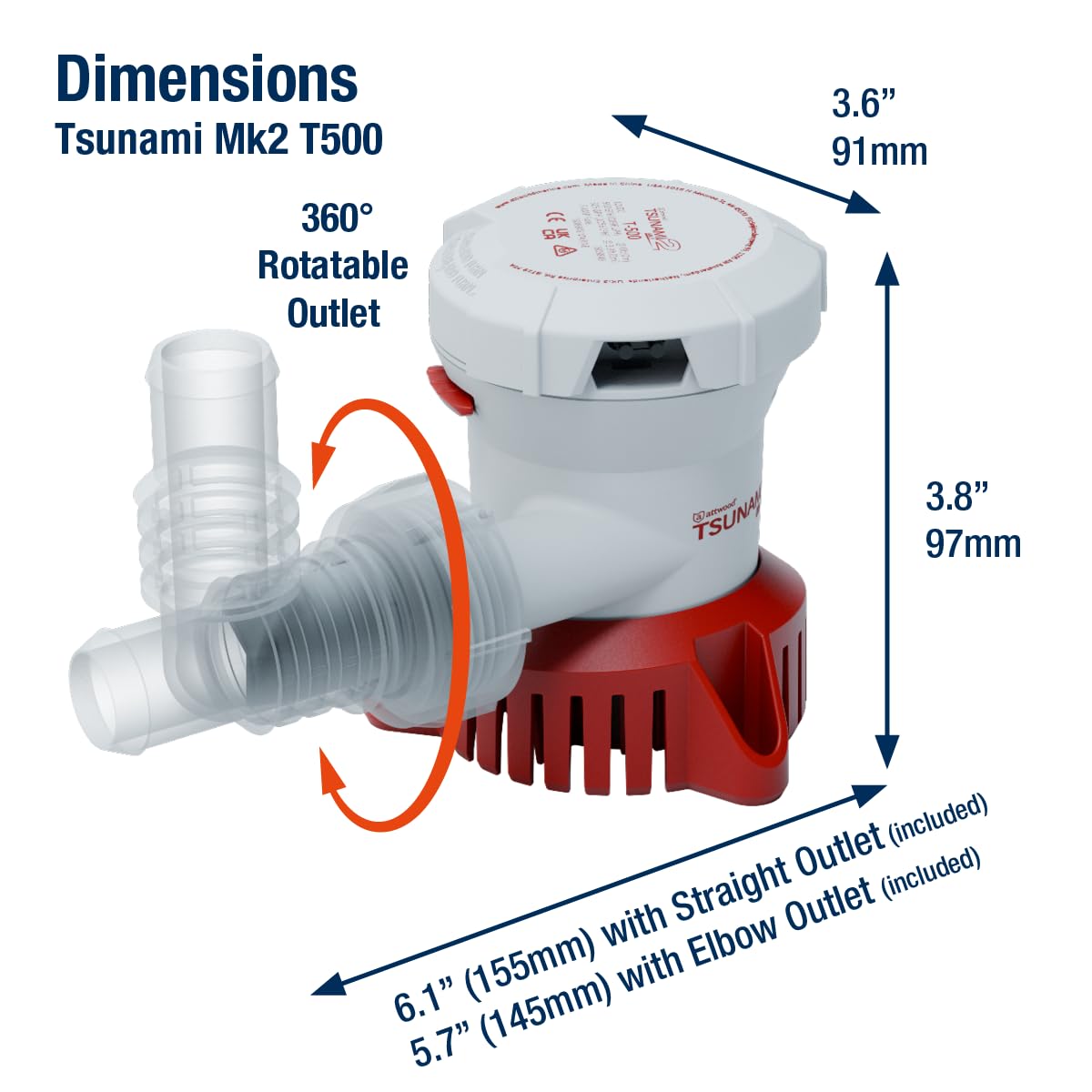 Attwood 5606-7 Tsunami Mk2 T500, 12V, Manual Bilge Pump, 500 GPH, with Fittings (Elbow & Straight), Direct Replacement for Attwood 4606-7