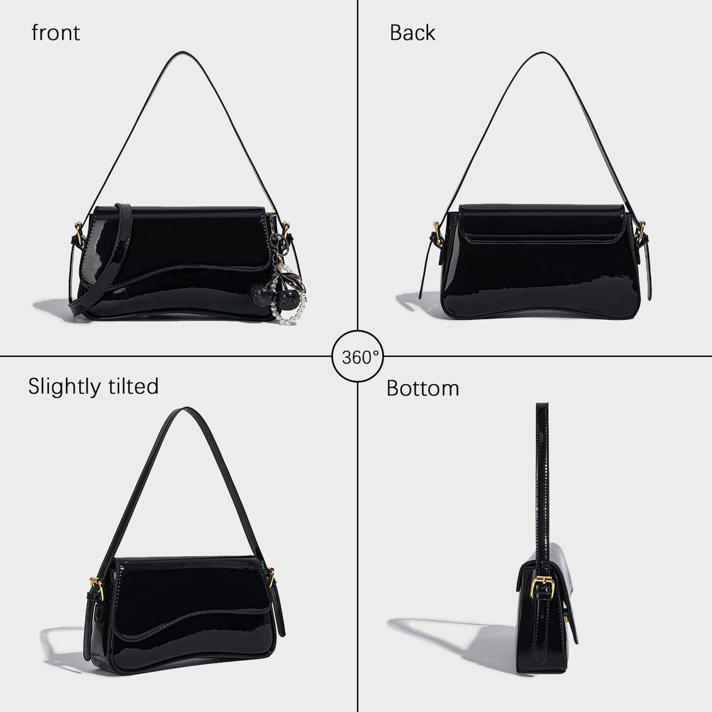 AOIR Black Purses for Women Trendy, Y2K Faux Leather Clutch Purse with Cherry Pendant,Crossbody Shoulder Bag and Handbags