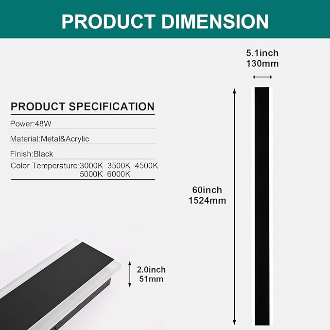 2 Pack Black Outdoor Wall Light,60 inch Long Outdoor Modern LED Wall Sconce, Waterproof IP65 LED Wall Mount Lighting Fixture for House Living Room Corridor Porch Patio Garage