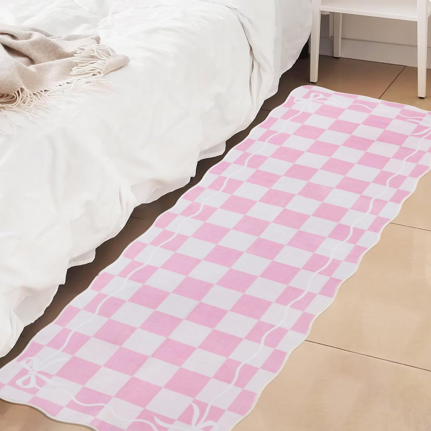 Albodanl Pink Checkered Bow Kitchen Runner Rug, 2x6 Washable Rug Runners for Hallways Non-Slip, Cute Scalloped Ultra-Thin Soft Carpet for Bedroom Bathroom Laundry Nursery Entryway